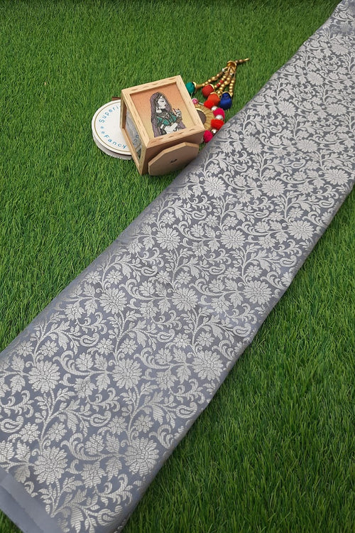 Grey Jacquard Banarasi With Zari Weaving Fabric