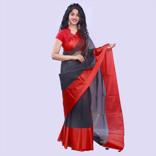 Black With Red Satin Border Organza Saree