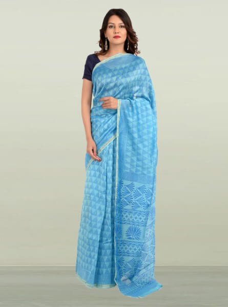 Sky Blue Chanderi Maheshwari Saree - Aaditri fab