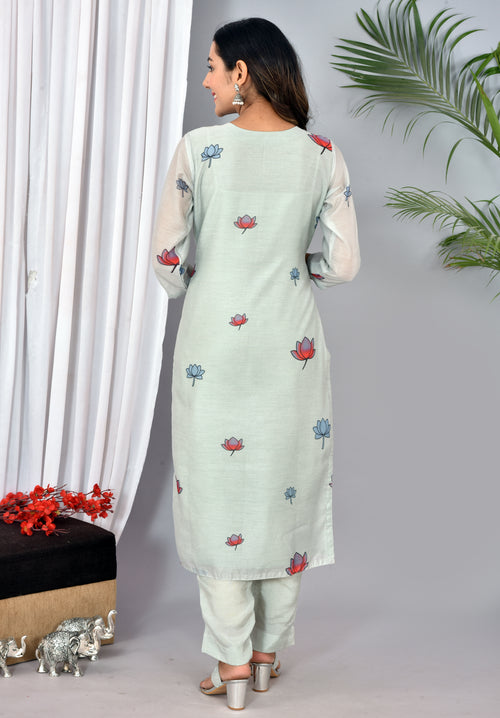 Beautiful Light Grey Soft Silk Digital Print Suit