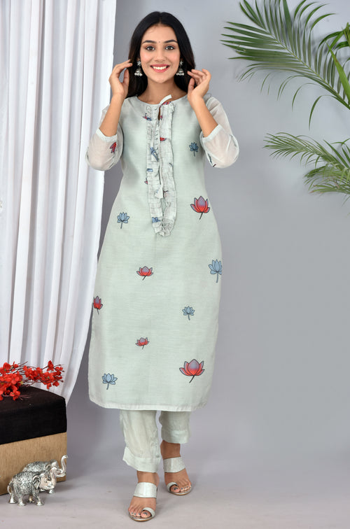 Beautiful Light Grey Soft Silk Digital Print Suit