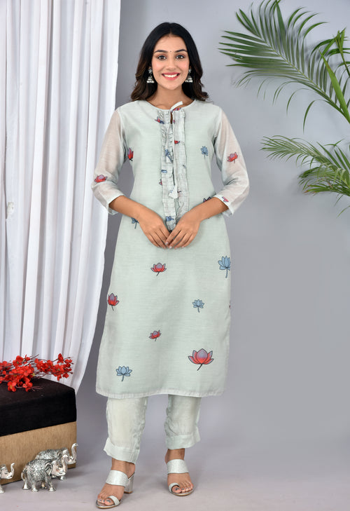 Beautiful Light Grey Soft Silk Digital Print Suit