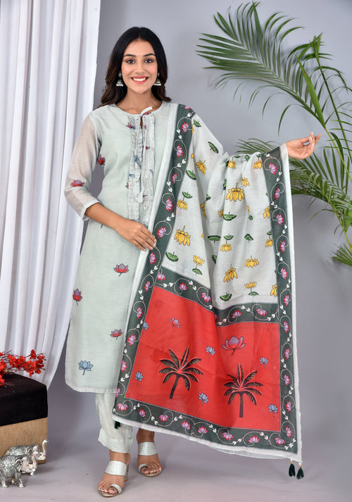 Beautiful Light Grey Soft Silk Digital Print Suit