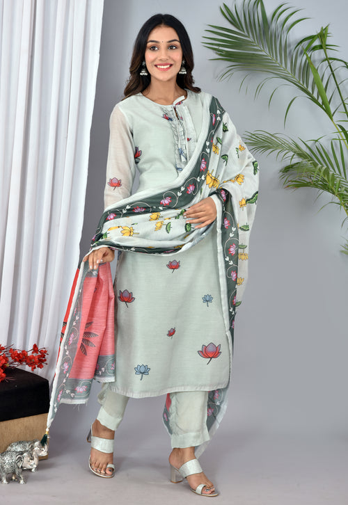 Beautiful Light Grey Soft Silk Digital Print Suit