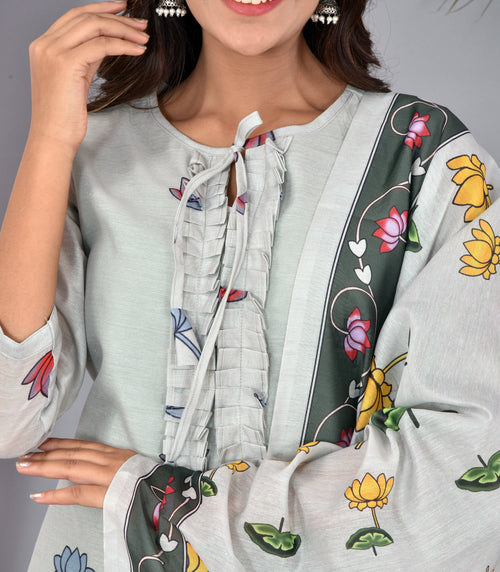 Beautiful Light Grey Soft Silk Digital Print Suit