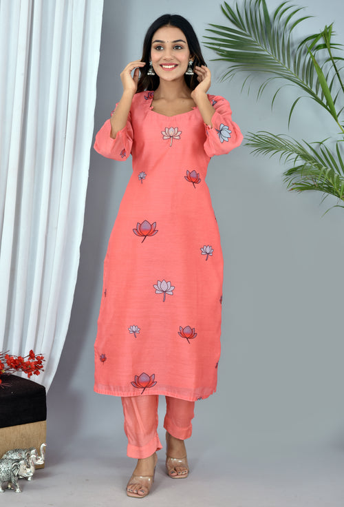 Peach Chanderi Digital Print Suit With Digital Print Chanderi Dupatta