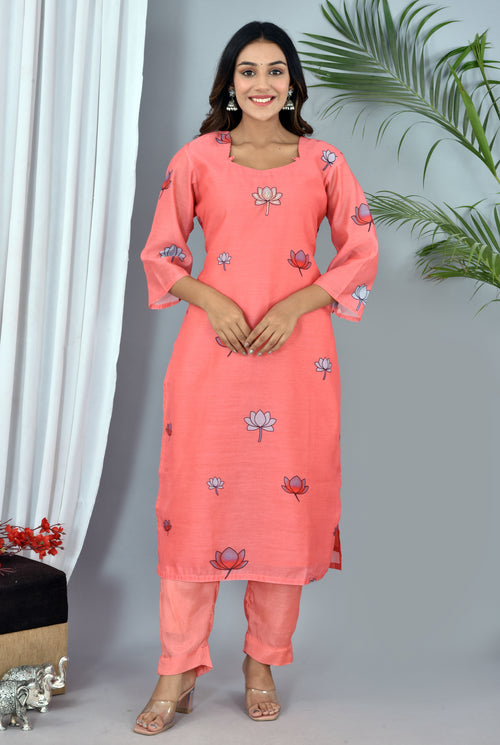 Peach Chanderi Digital Print Suit With Digital Print Chanderi Dupatta