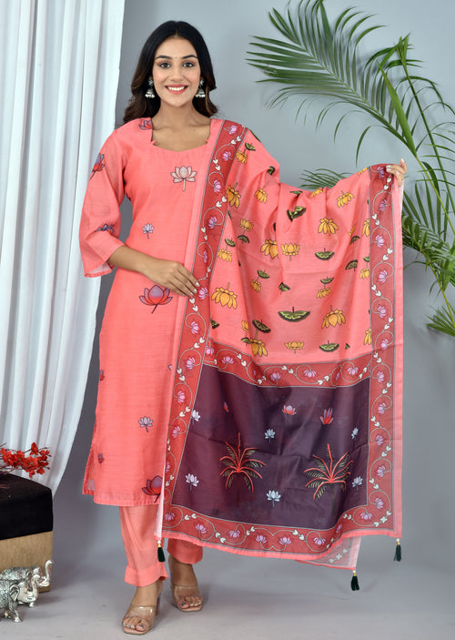 Peach Chanderi Digital Print Suit With Digital Print Chanderi Dupatta