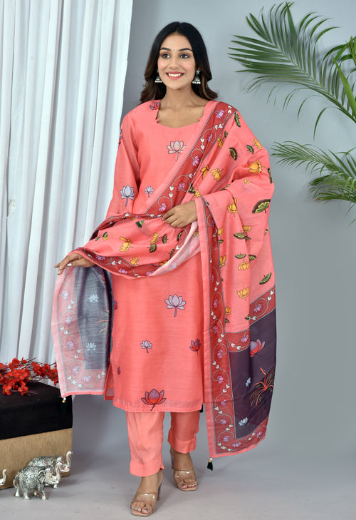 Peach Chanderi Digital Print Suit With Digital Print Chanderi Dupatta