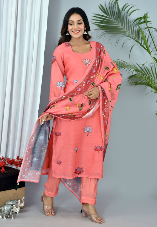Peach Chanderi Digital Print Suit With Digital Print Chanderi Dupatta