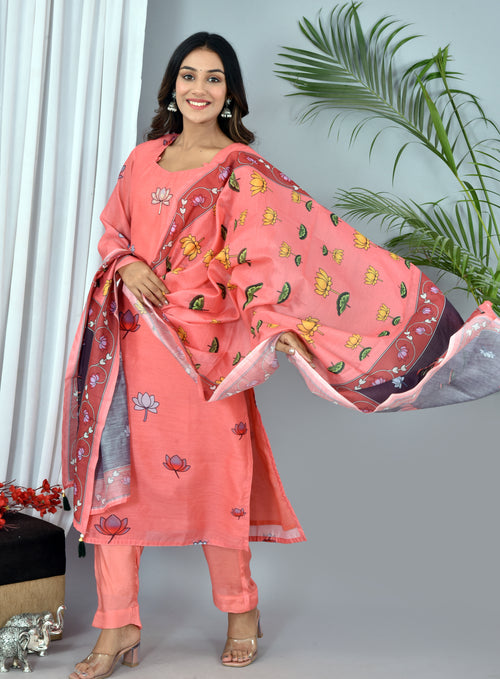 Peach Chanderi Digital Print Suit With Digital Print Chanderi Dupatta