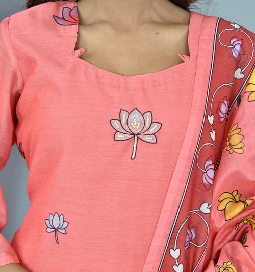 Peach Chanderi Digital Print Suit With Digital Print Chanderi Dupatta