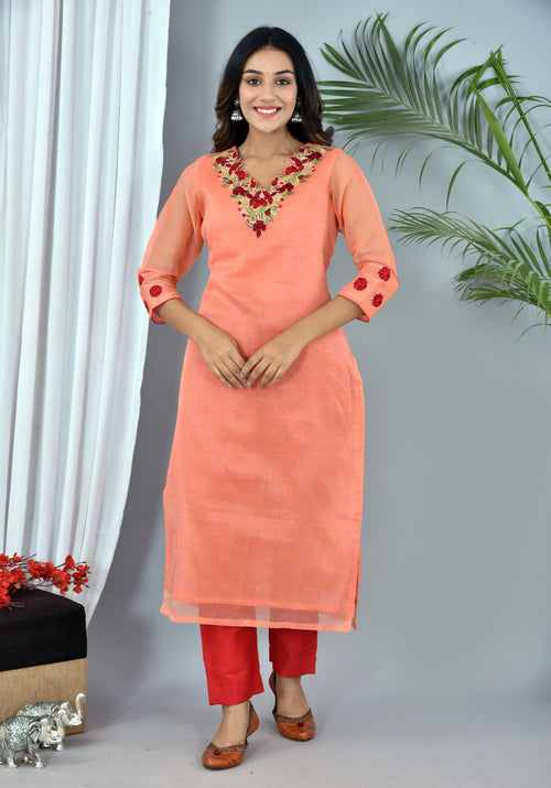 Beautiful Peach Kota Doria Embroidery Work Suit With Kota Leheriya Dupatta