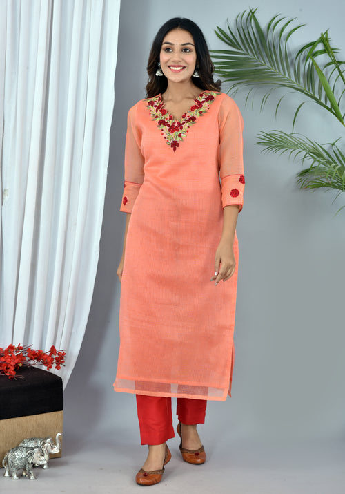 Beautiful Peach Kota Doria Embroidery Work Suit With Kota Leheriya Dupatta