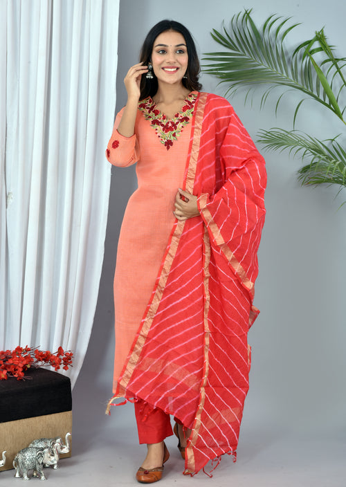Beautiful Peach Kota Doria Embroidery Work Suit With Kota Leheriya Dupatta