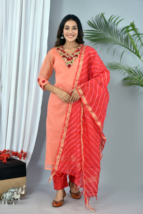 Beautiful Peach Kota Doria Embroidery Work Suit With Kota Leheriya Dupatta