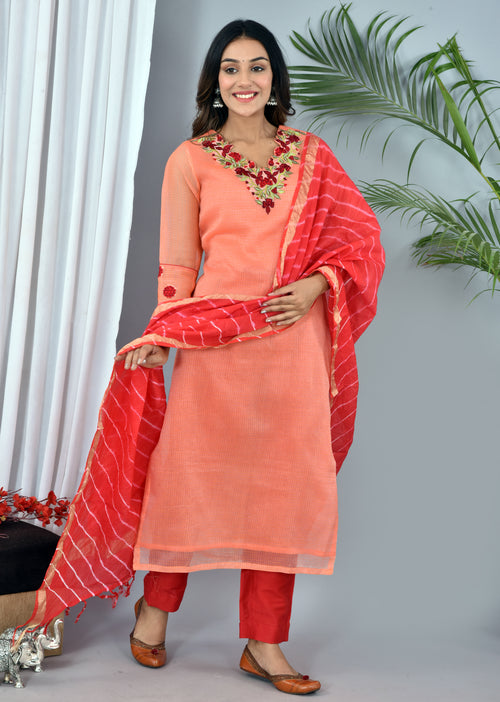 Beautiful Peach Kota Doria Embroidery Work Suit With Kota Leheriya Dupatta
