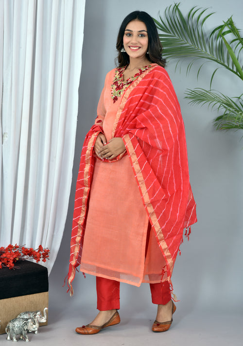 Beautiful Peach Kota Doria Embroidery Work Suit With Kota Leheriya Dupatta