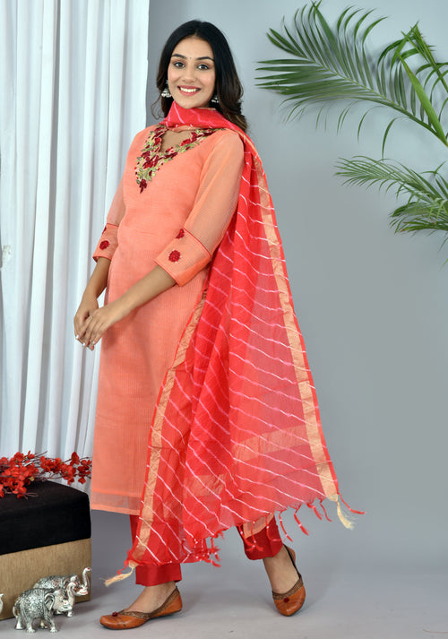 Beautiful Peach Kota Doria Embroidery Work Suit With Kota Leheriya Dupatta