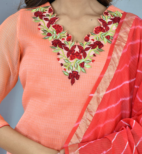 Beautiful Peach Kota Doria Embroidery Work Suit With Kota Leheriya Dupatta