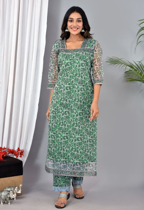 Grey Kota Doria Stitched Suit With Kota Doria Dupatta