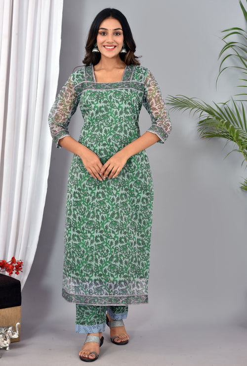 Grey Kota Doria Stitched Suit With Kota Doria Dupatta