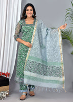 Grey Kota Doria Stitched Suit With Kota Doria Dupatta