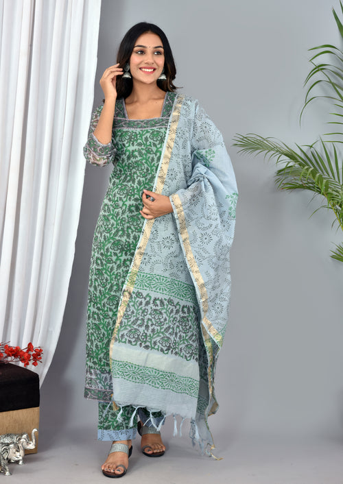 Grey Kota Doria Stitched Suit With Kota Doria Dupatta