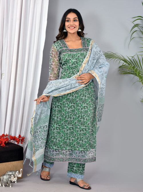 Grey Kota Doria Stitched Suit With Kota Doria Dupatta