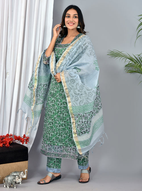 Grey Kota Doria Stitched Suit With Kota Doria Dupatta