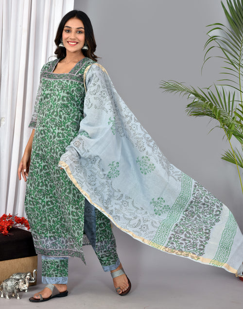 Grey Kota Doria Stitched Suit With Kota Doria Dupatta