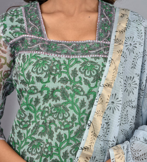 Grey Kota Doria Stitched Suit With Kota Doria Dupatta