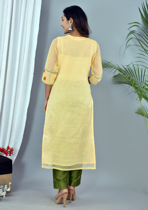 Beautiful Yellow Kota Doria Embroidery Work Suit With Kota Leheriya Dupatta