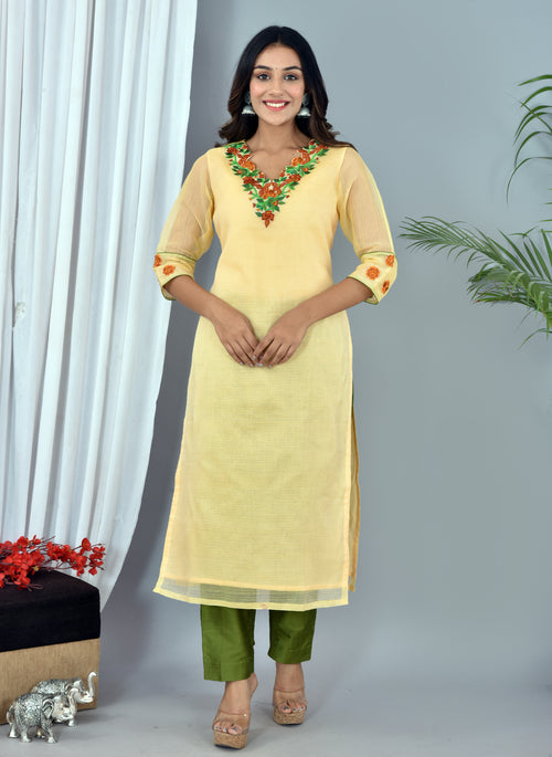 Beautiful Yellow Kota Doria Embroidery Work Suit With Kota Leheriya Dupatta