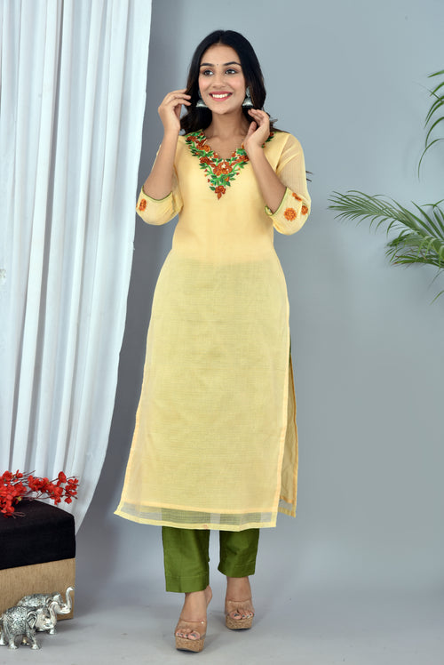 Beautiful Yellow Kota Doria Embroidery Work Suit With Kota Leheriya Dupatta