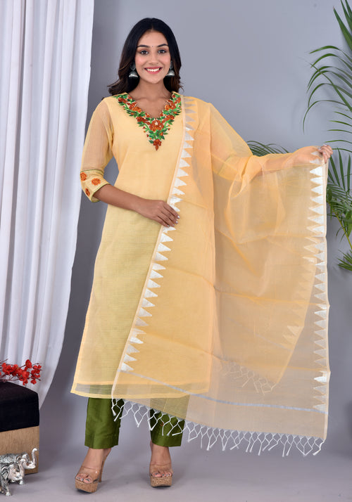 Beautiful Yellow Kota Doria Embroidery Work Suit With Kota Leheriya Dupatta
