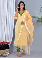 Beautiful Yellow Kota Doria Embroidery Work Suit With Kota Leheriya Dupatta