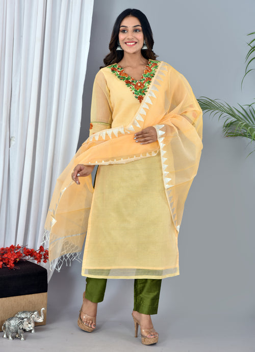 Beautiful Yellow Kota Doria Embroidery Work Suit With Kota Leheriya Dupatta