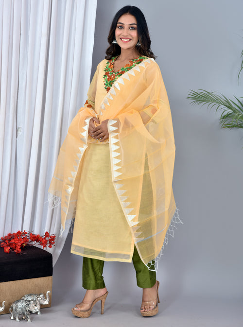 Beautiful Yellow Kota Doria Embroidery Work Suit With Kota Leheriya Dupatta