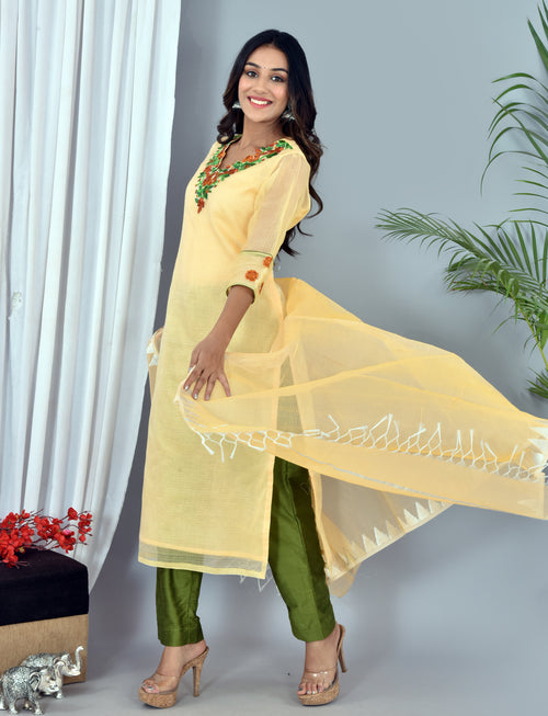 Beautiful Yellow Kota Doria Embroidery Work Suit With Kota Leheriya Dupatta