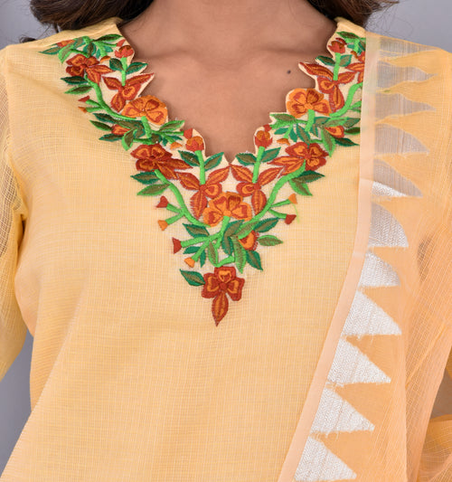 Beautiful Yellow Kota Doria Embroidery Work Suit With Kota Leheriya Dupatta