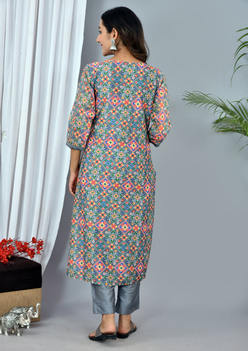 Beautiful Grey Soft silk Patola Digital Print suit