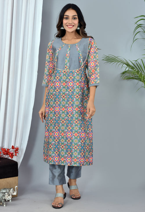 Beautiful Grey Soft silk Patola Digital Print suit