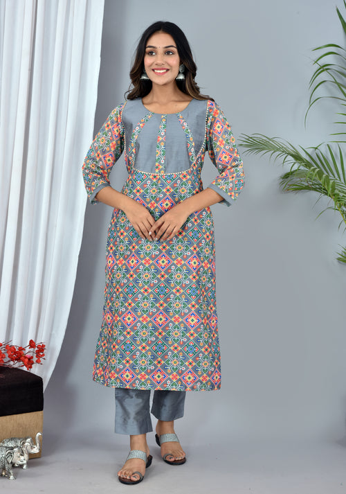 Beautiful Grey Soft silk Patola Digital Print suit
