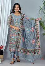 Beautiful Grey Soft silk Patola Digital Print suit