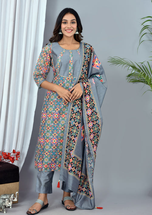 Beautiful Grey Soft silk Patola Digital Print suit