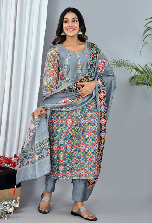 Beautiful Grey Soft silk Patola Digital Print suit