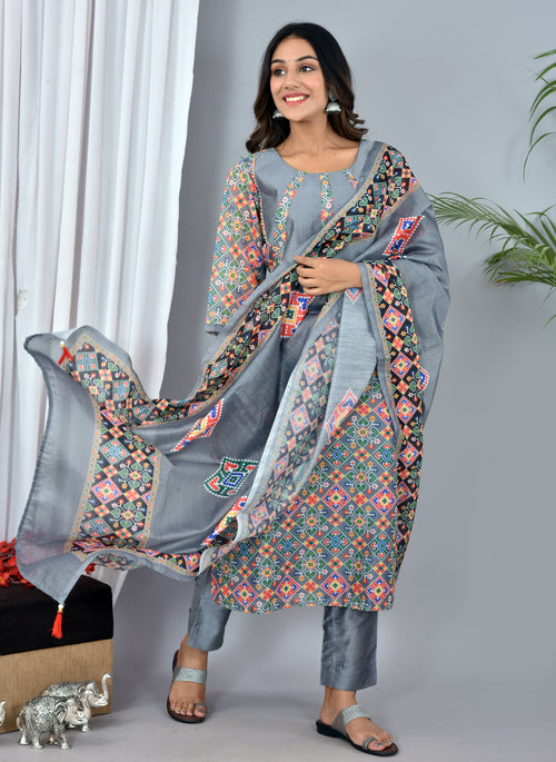 Beautiful Grey Soft silk Patola Digital Print suit