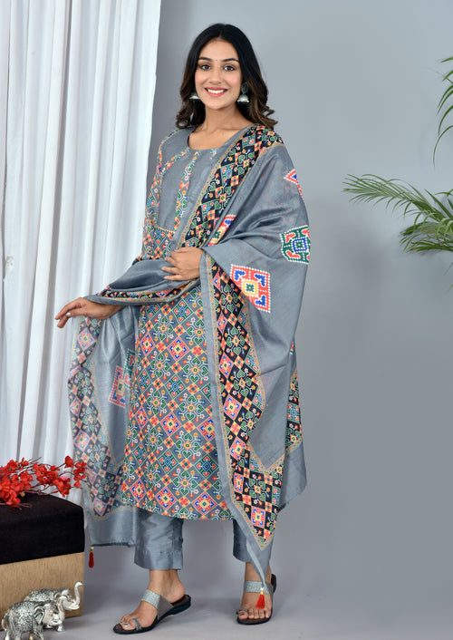 Beautiful Grey Soft silk Patola Digital Print suit
