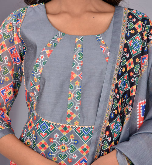Beautiful Grey Soft silk Patola Digital Print suit